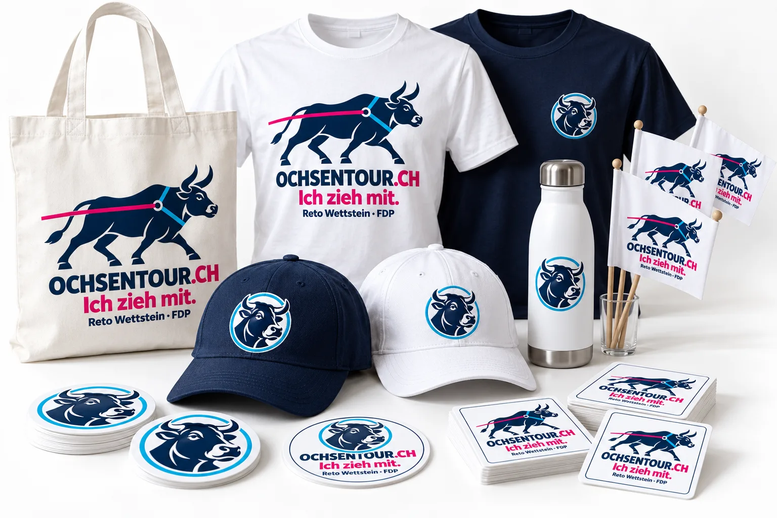 Ochsentour-Merch: Caps, T-Shirts, Tasche, Kleber und Flasche
